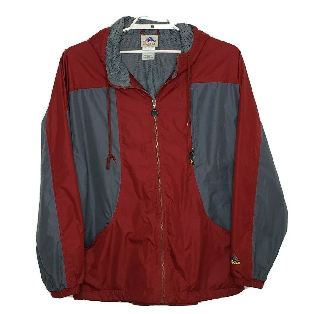 Adidas Men's Jacket XL L/S Maroon Gray Hooded Full Zip Mesh‎ Lined Windbreaker